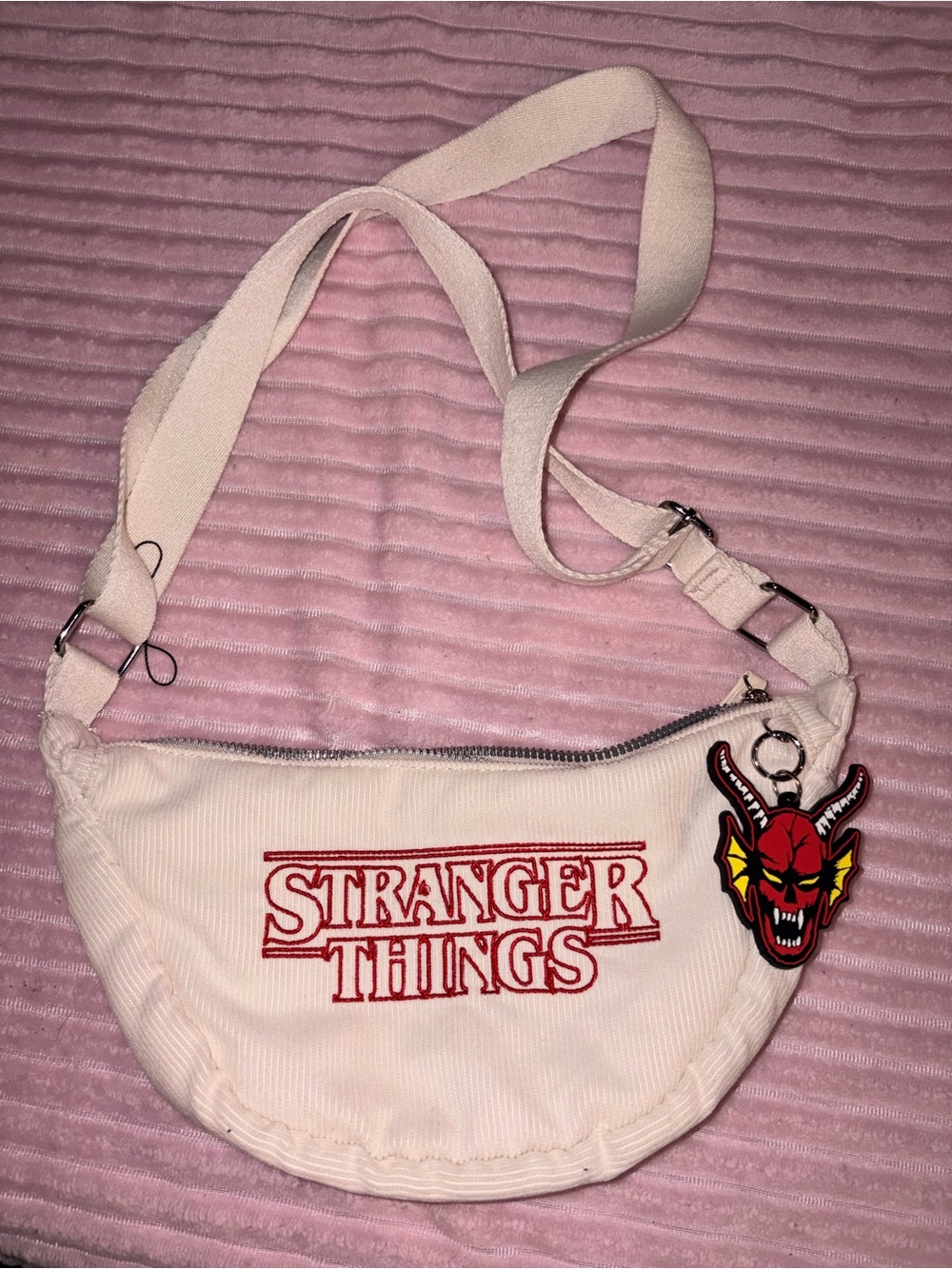 Netflix White Corduroy 'Stranger Things' Crossbody Bag with Red Logo